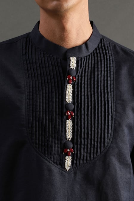 Buy Byb Premium Blue Linen Embroidery Placket Pearl Kurta And Pyjama Set Online at Aza Fashions Buy_Byb Premium_Blue Linen Embroidery Placket Pearl Kurta And Pyjama Set _Online_at_Aza_Fashions