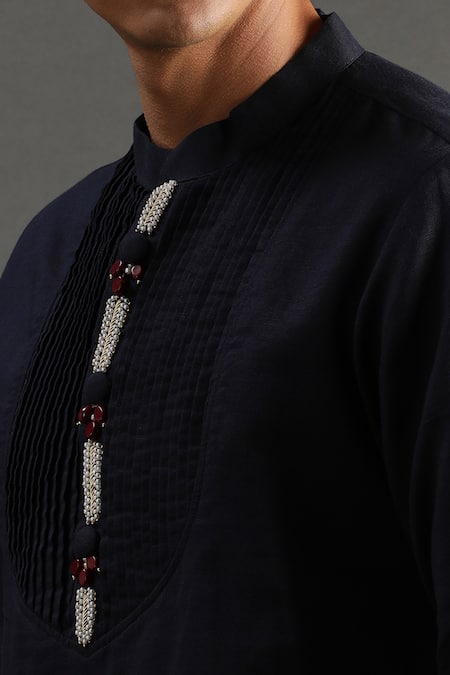 Shop Byb Premium Blue Linen Embroidery Placket Pearl Kurta And Pyjama Set Online at Aza Fashions Shop_Byb Premium_Blue Linen Embroidery Placket Pearl Kurta And Pyjama Set _Online_at_Aza_Fashions