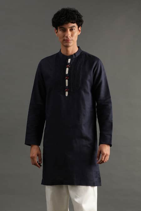 Byb Premium Blue Linen Embroidery Placket Pearl Kurta And Pyjama Set at Aza Fashions Byb Premium_Blue Linen Embroidery Placket Pearl Kurta And Pyjama Set _at_Aza_Fashions