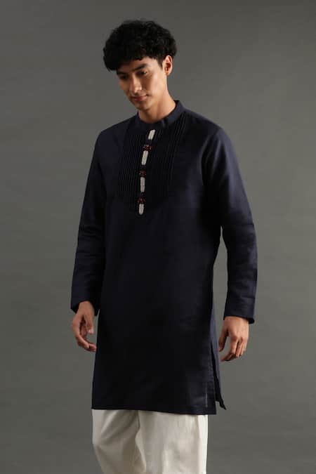 Buy Byb Premium Blue Linen Embroidery Placket Pearl Kurta And Pyjama Set Buy_Byb Premium_Blue Linen Embroidery Placket Pearl Kurta And Pyjama Set