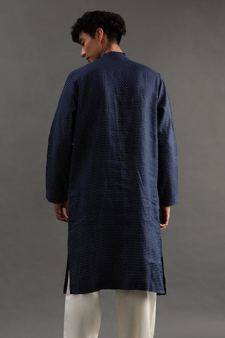 Shop Byb Premium Blue Linen Embroidery Polka Dots Print Kurta And Pyjama Set at Aza Fashions Shop_Byb Premium_Blue Linen Embroidery Polka Dots Print Kurta And Pyjama Set _at_Aza_Fashions