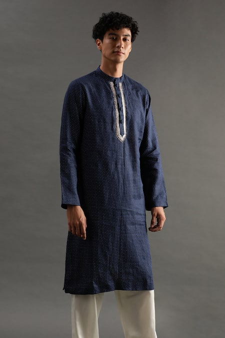 Byb Premium Blue Linen Embroidery Polka Dots Print Kurta And Pyjama Set Online at Aza Fashions Byb Premium_Blue Linen Embroidery Polka Dots Print Kurta And Pyjama Set _Online_at_Aza_Fashions