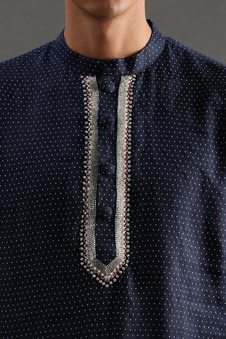 Buy Byb Premium Blue Linen Embroidery Polka Dots Print Kurta And Pyjama Set Online at Aza Fashions Buy_Byb Premium_Blue Linen Embroidery Polka Dots Print Kurta And Pyjama Set _Online_at_Aza_Fashions