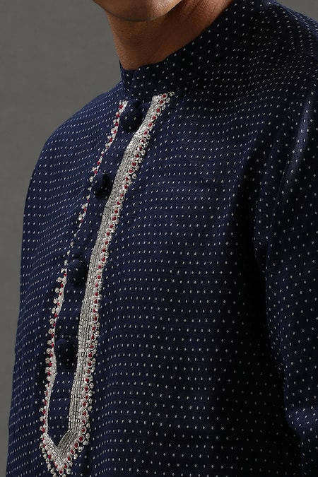 Shop Byb Premium Blue Linen Embroidery Polka Dots Print Kurta And Pyjama Set Online at Aza Fashions Shop_Byb Premium_Blue Linen Embroidery Polka Dots Print Kurta And Pyjama Set _Online_at_Aza_Fashions