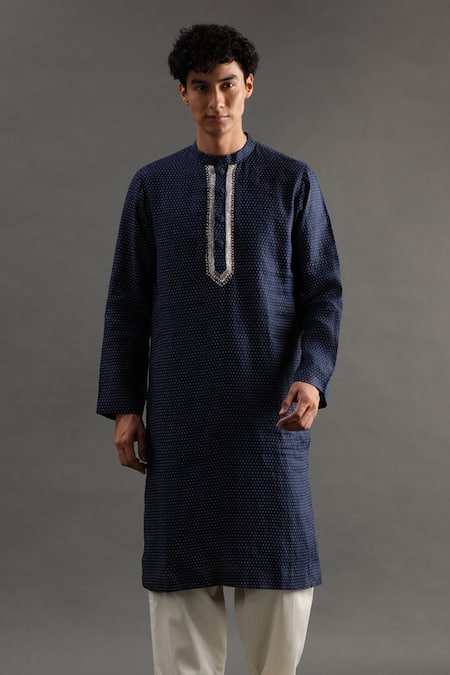 Byb Premium Blue Linen Embroidery Polka Dots Print Kurta And Pyjama Set at Aza Fashions Byb Premium_Blue Linen Embroidery Polka Dots Print Kurta And Pyjama Set _at_Aza_Fashions