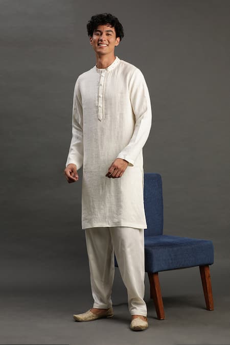 Byb Premium Off White Linen Hand Embroidered Pearl Kurta And Pyjama Set 