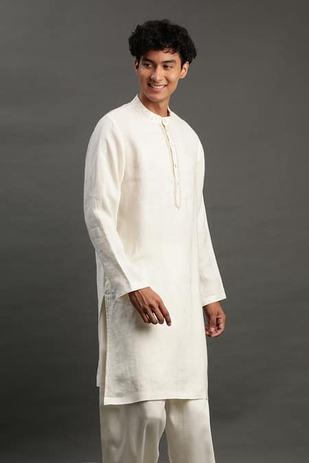 Byb Premium_Off White Linen Pearls Kurta And Pyjama Set _Online_at_Aza_Fashions
