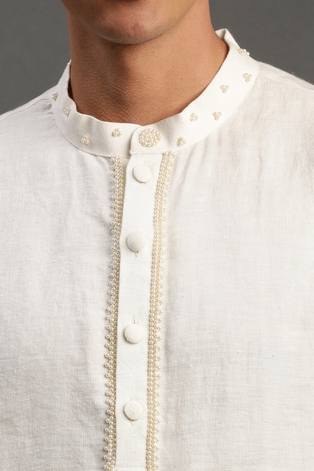 Buy_Byb Premium_Off White Linen Pearls Kurta And Pyjama Set _Online_at_Aza_Fashions