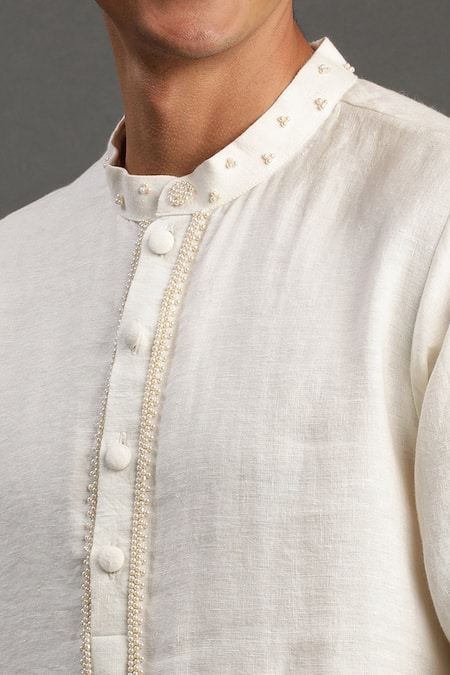 Shop_Byb Premium_Off White Linen Pearls Kurta And Pyjama Set _Online_at_Aza_Fashions