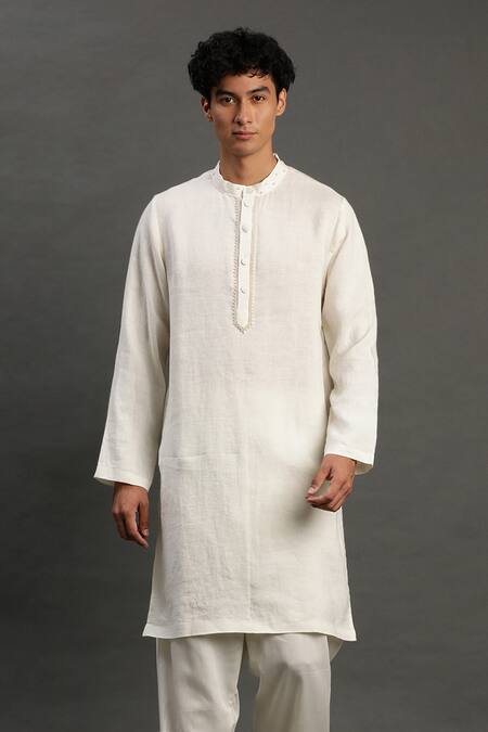Byb Premium_Off White Linen Pearls Kurta And Pyjama Set _at_Aza_Fashions