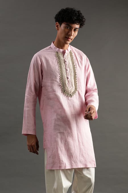 Byb Premium_Pink Linen Pearls Placket Hand Embroidered Kurta And Pyjama Set _Online_at_Aza_Fashions