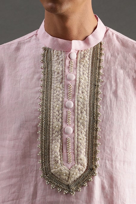 Buy_Byb Premium_Pink Linen Pearls Placket Hand Embroidered Kurta And Pyjama Set _Online_at_Aza_Fashions