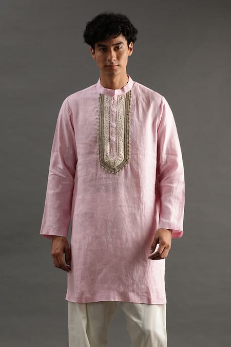 Shop_Byb Premium_Pink Linen Pearls Placket Hand Embroidered Kurta And Pyjama Set _Online_at_Aza_Fashions
