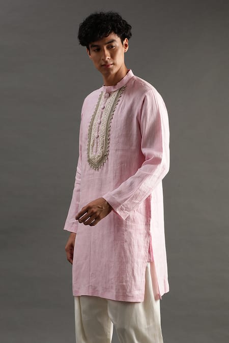 Byb Premium_Pink Linen Pearls Placket Hand Embroidered Kurta And Pyjama Set _at_Aza_Fashions