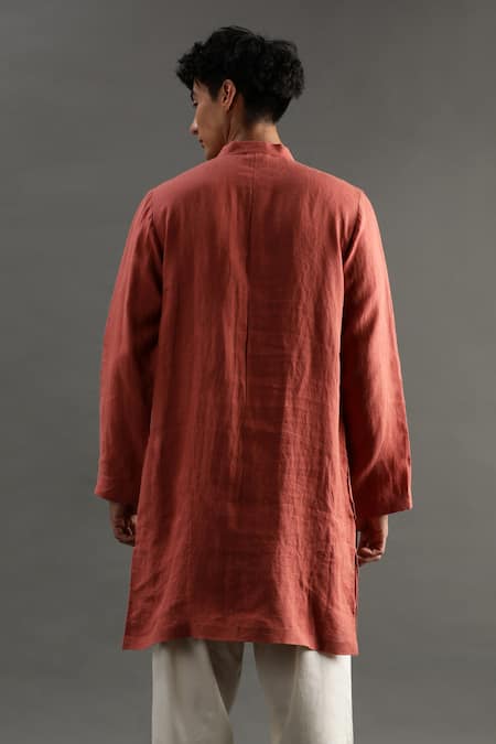 Shop Byb Premium Orange Linen Pearls Placket Embroidered Kurta And Pyjama Set at Aza Fashions Shop_Byb Premium_Orange Linen Pearls Placket Embroidered Kurta And Pyjama Set _at_Aza_Fashions
