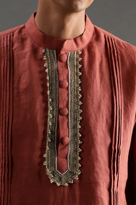 Buy Byb Premium Orange Linen Pearls Placket Embroidered Kurta And Pyjama Set Online at Aza Fashions Buy_Byb Premium_Orange Linen Pearls Placket Embroidered Kurta And Pyjama Set _Online_at_Aza_Fashions