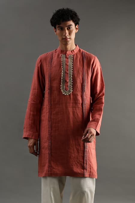 Shop Byb Premium Orange Linen Pearls Placket Embroidered Kurta And Pyjama Set Online at Aza Fashions Shop_Byb Premium_Orange Linen Pearls Placket Embroidered Kurta And Pyjama Set _Online_at_Aza_Fashions