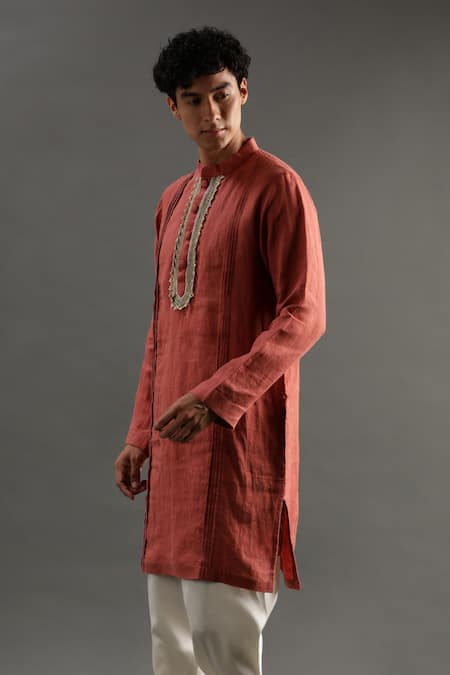 Byb Premium Orange Linen Pearls Placket Embroidered Kurta And Pyjama Set at Aza Fashions Byb Premium_Orange Linen Pearls Placket Embroidered Kurta And Pyjama Set _at_Aza_Fashions