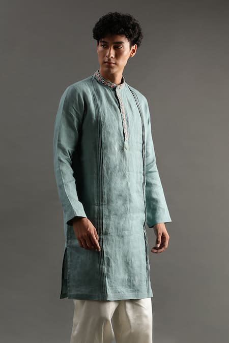Byb Premium Blue Linen Zari Placket Zardosi Embroidered Kurta And Pyjama Set Online at Aza Fashions Byb Premium_Blue Linen Zari Placket Zardosi Embroidered Kurta And Pyjama Set _Online_at_Aza_Fashions