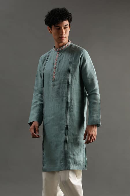 Shop Byb Premium Blue Linen Zari Placket Zardosi Embroidered Kurta And Pyjama Set Online at Aza Fashions Shop_Byb Premium_Blue Linen Zari Placket Zardosi Embroidered Kurta And Pyjama Set _Online_at_Aza_Fashions