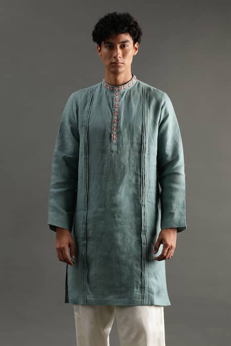 Byb Premium Blue Linen Zari Placket Zardosi Embroidered Kurta And Pyjama Set at Aza Fashions Byb Premium_Blue Linen Zari Placket Zardosi Embroidered Kurta And Pyjama Set _at_Aza_Fashions