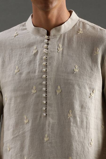 Buy_Byb Premium_Beige Linen Pearls Placket Embroidered Kurta Set _Online_at_Aza_Fashions