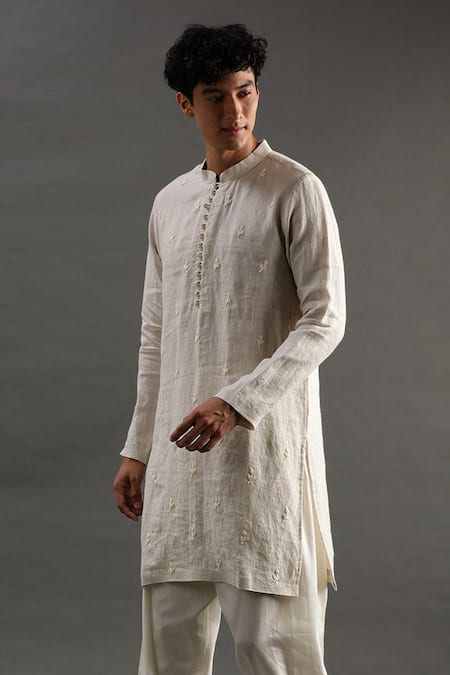 Shop_Byb Premium_Beige Linen Pearls Placket Embroidered Kurta Set _Online_at_Aza_Fashions