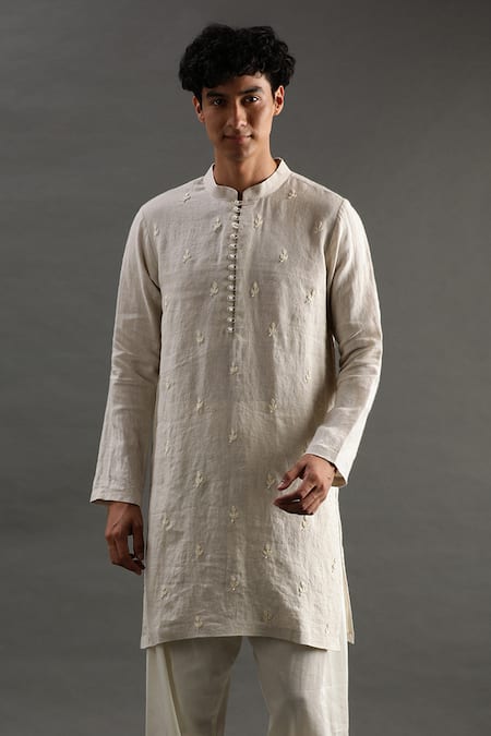 Byb Premium_Beige Linen Pearls Placket Embroidered Kurta Set _at_Aza_Fashions