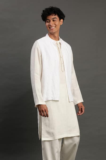 Byb Premium_White Linen Pearls Embroidered Bundi Kurta Set _Online_at_Aza_Fashions