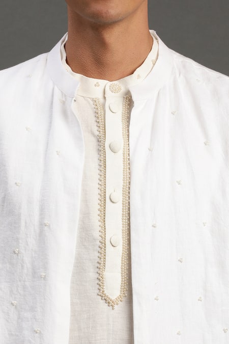 Buy_Byb Premium_White Linen Pearls Embroidered Bundi Kurta Set _Online_at_Aza_Fashions