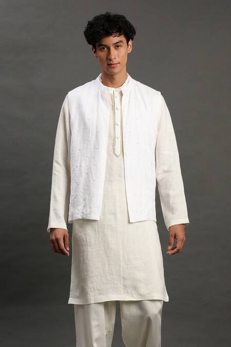Shop_Byb Premium_White Linen Pearls Embroidered Bundi Kurta Set _Online_at_Aza_Fashions