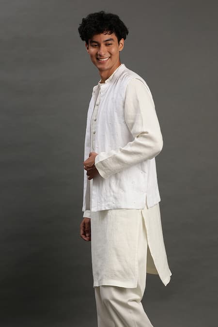 Byb Premium_White Linen Pearls Embroidered Bundi Kurta Set _at_Aza_Fashions
