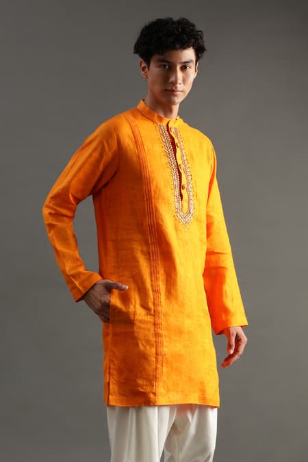 Byb Premium_Orange Linen Embroidery Placket Hand Kurta And Pyjama Set _Online_at_Aza_Fashions