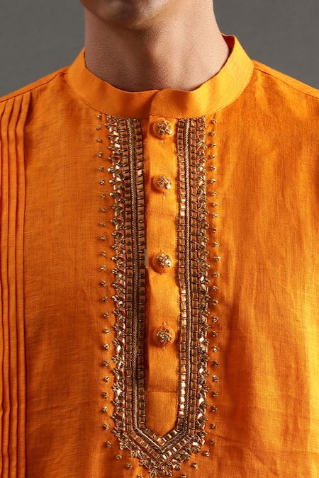 Buy_Byb Premium_Orange Linen Embroidery Placket Hand Kurta And Pyjama Set _Online_at_Aza_Fashions