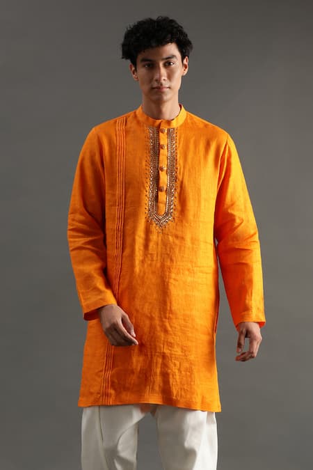Shop_Byb Premium_Orange Linen Embroidery Placket Hand Kurta And Pyjama Set _Online_at_Aza_Fashions