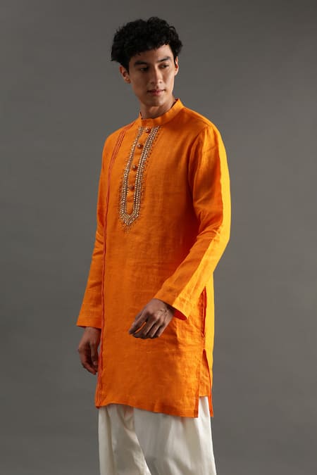 Byb Premium_Orange Linen Embroidery Placket Hand Kurta And Pyjama Set _at_Aza_Fashions