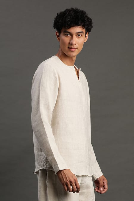 Byb Premium_Red Linen Notched Neck Kurta And Joggers Set _Online_at_Aza_Fashions