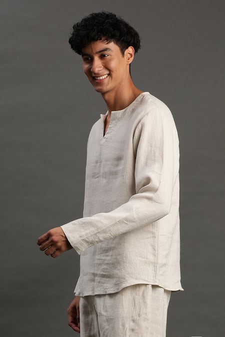 Shop_Byb Premium_Red Linen Notched Neck Kurta And Joggers Set _Online_at_Aza_Fashions