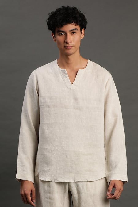 Byb Premium_Red Linen Notched Neck Kurta And Joggers Set _at_Aza_Fashions