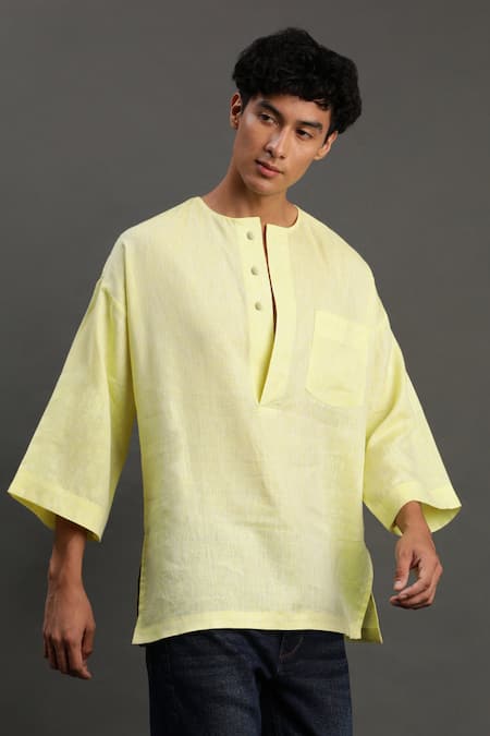 Byb Premium Yellow Linen Solid Short Kurta Online at Aza Fashions Byb Premium_Yellow Linen Solid Short Kurta _Online_at_Aza_Fashions
