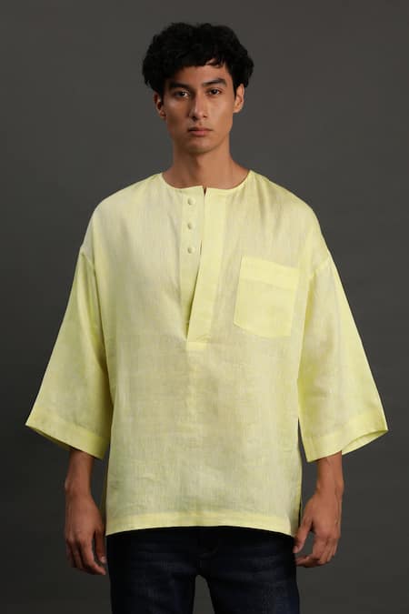 Shop Byb Premium Yellow Linen Solid Short Kurta Online at Aza Fashions Shop_Byb Premium_Yellow Linen Solid Short Kurta _Online_at_Aza_Fashions