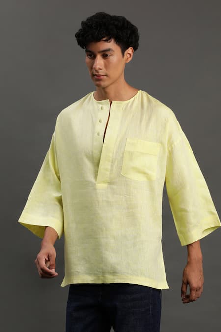 Byb Premium Yellow Linen Solid Short Kurta at Aza Fashions Byb Premium_Yellow Linen Solid Short Kurta _at_Aza_Fashions