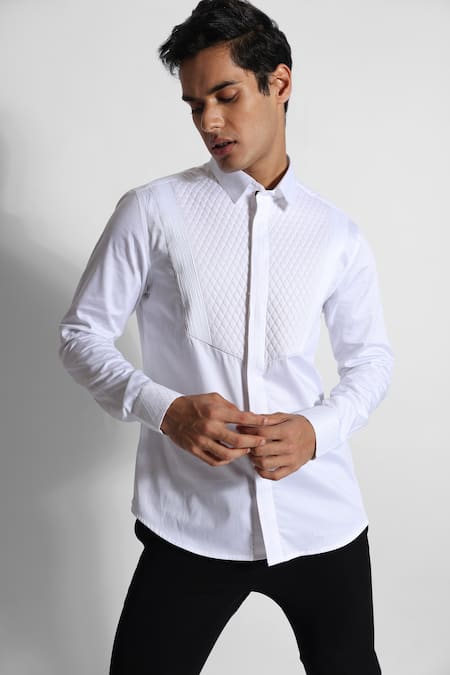 Shop_Paarsh_White Gingham Embroidery Quilted Threadwork Shirt _at_Aza_Fashions