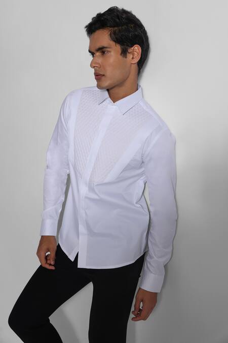 Paarsh_White Gingham Embroidery Quilted Threadwork Shirt _Online_at_Aza_Fashions