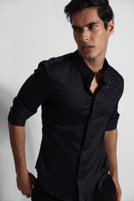 PAARSH_Black Gingham Cut Work Placed Cutdana Embellished Pattern Shirt _Online_at_Aza_Fashions