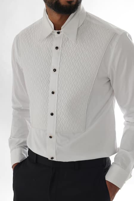 Shop_Paarsh_White Gingham Embroidery Honeycomb Quilted Panel Shirt _at_Aza_Fashions