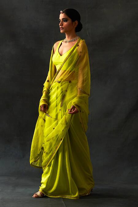 Shop Nishar Ahmed Yellow And Habutai Silk And Organza Embroidery Aari & Dori Saree at Aza Fashions Shop_Nishar Ahmed_Yellow And Habutai Silk And Organza Embroidery Aari & Dori Saree_at_Aza_Fashions