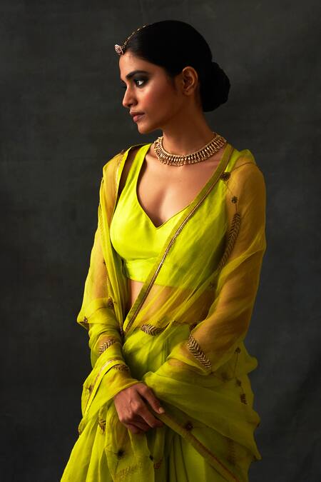 Nishar Ahmed Yellow And Habutai Silk And Organza Embroidery Aari & Dori Saree Online at Aza Fashions Nishar Ahmed_Yellow And Habutai Silk And Organza Embroidery Aari & Dori Saree_Online_at_Aza_Fashions