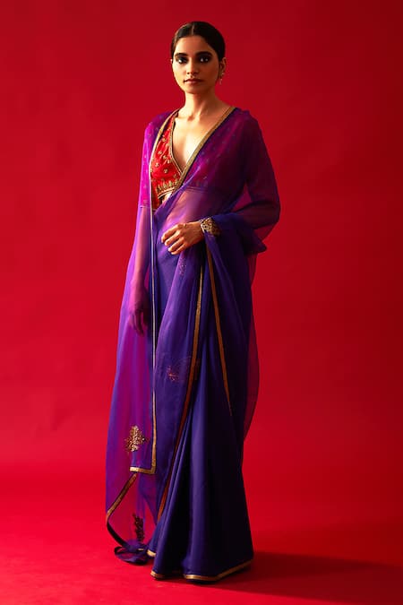 Nishar Ahmed Purple Habutai Silk And Organza Embroidery Aari Floral Butti Saree