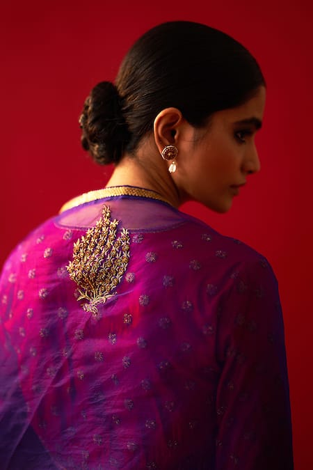 Buy_Nishar Ahmed_Purple Silk, Organza Zari, Embroidery Floral Butti Saree_Online_at_Aza_Fashions
